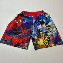 Load image into Gallery viewer, Boys purple, lightweight shorts, elasticated, Spiderman &amp; Batman, no size, W: 20cm across unstretched, EUC, size 3,  