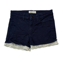 Load image into Gallery viewer, Girls H&amp;M, lace trim navy stretch cotton shorts, adjustable, EUC, size 6,  