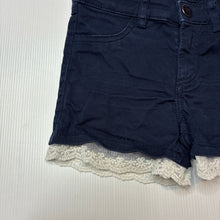 Load image into Gallery viewer, Girls H&amp;M, lace trim navy stretch cotton shorts, adjustable, EUC, size 6,  