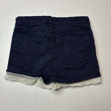 Load image into Gallery viewer, Girls H&amp;M, lace trim navy stretch cotton shorts, adjustable, EUC, size 6,  