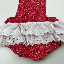 Load image into Gallery viewer, Girls Little Lewys, handmade red &amp; white cotton romper, EUC, size 00,  