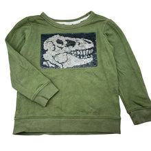 Load image into Gallery viewer, Boys Carters, khaki cotton lightweight sweater / jumper, flip sequin dinosaur, EUC, size 7,  
