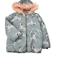 Load image into Gallery viewer, Girls Tu, fleece lined jacket / coat, dogs, pink mark back left sleeve &amp; hood, FUC, size 5-6,  