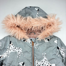 Load image into Gallery viewer, Girls Tu, fleece lined jacket / coat, dogs, pink mark back left sleeve &amp; hood, FUC, size 5-6,  