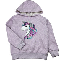 Load image into Gallery viewer, Girls Anko, fleece lined hoodie sweater, sequin unicorn, light marks left sleeve, FUC, size 6,  