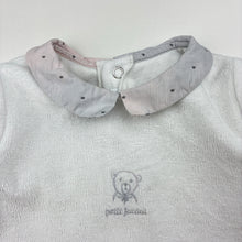 Load image into Gallery viewer, Unisex Jacadi Paris, white velour coverall / romper, discolouration of collar, FUC, size 0,  
