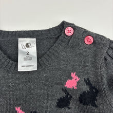 Load image into Gallery viewer, Girls H&amp;T, knitted long sleeve dress, rabbits, GUC, size 2, L: 47cm