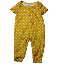 Load image into Gallery viewer, Girls yellow, soft feel stretchy zip romper, hearts, EUC, size 000,  