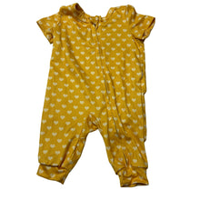 Load image into Gallery viewer, Girls yellow, soft feel stretchy zip romper, hearts, EUC, size 0000,  