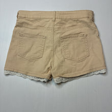 Load image into Gallery viewer, Girls H&amp;M, lace trim stretch denim shorts, adjustable, EUC, size 9,  