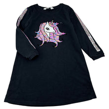 Load image into Gallery viewer, Girls H&amp;M, black sweater dress, flip sequin unicorn, GUC, size 5-6, L: 58cm
