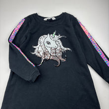 Load image into Gallery viewer, Girls H&amp;M, black sweater dress, flip sequin unicorn, GUC, size 5-6, L: 58cm