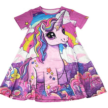 Load image into Gallery viewer, Girls colourful, lightweight stretchy dress, unicorn, EUC, size 8, L: 65cm