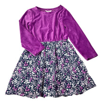 Load image into Gallery viewer, Girls Milkshake, spliced purple velour &amp; navy floral dress, GUC, size 5, L: 59cm