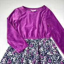 Load image into Gallery viewer, Girls Milkshake, spliced purple velour &amp; navy floral dress, GUC, size 5, L: 59cm