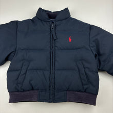 Load image into Gallery viewer, Boys Polo by Ralph Lauren, navy down/feather filled jacket/coat, wash fade on cuffs, GUC, size 2,  