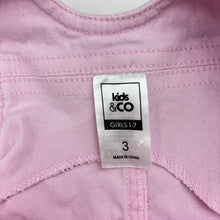 Load image into Gallery viewer, Girls Kids &amp; Co, pink stretch denim overalls dress / pinafore, light marks, FUC, size 3, L: 54cm