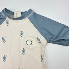 Load image into Gallery viewer, Unisex Rylee + Cru, rashie suit, seahorses, pilling on bottom, FUC, size 2-3,  