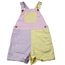 Load image into Gallery viewer, Girls Anko, colour block stretch denim overalls / shortalls, pink marks on bib pocket, FUC, size 8,  