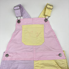 Load image into Gallery viewer, Girls Anko, colour block stretch denim overalls / shortalls, pink marks on bib pocket, FUC, size 8,  
