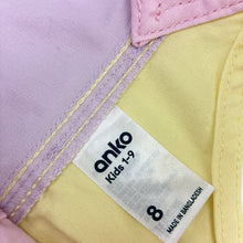 Load image into Gallery viewer, Girls Anko, colour block stretch denim overalls / shortalls, pink marks on bib pocket, FUC, size 8,  