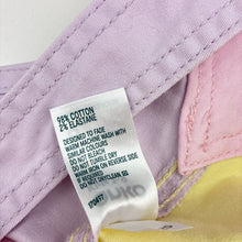Load image into Gallery viewer, Girls Anko, colour block stretch denim overalls / shortalls, pink marks on bib pocket, FUC, size 8,  