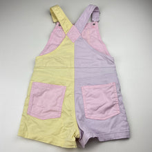 Load image into Gallery viewer, Girls Anko, colour block stretch denim overalls / shortalls, pink marks on bib pocket, FUC, size 8,  