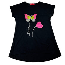 Load image into Gallery viewer, Girls JOANNA, black stretch cotton flip sequin top, L: 53cm at front, EUC, size 12,  