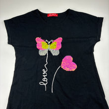 Load image into Gallery viewer, Girls JOANNA, black stretch cotton flip sequin top, L: 53cm at front, EUC, size 12,  
