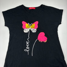 Load image into Gallery viewer, Girls JOANNA, black stretch cotton flip sequin top, L: 53cm at front, EUC, size 12,  