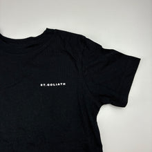 Load image into Gallery viewer, Boys St Goliath, black cotton tee / top, no size, armpit to armpit: 32.5cm, EUC, size 5-6,  
