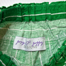 Load image into Gallery viewer, Unisex Posy &amp; Poppy Designs, green &amp; white stripe lightweight pants / bottoms, elasticated, EUC, size 00,  
