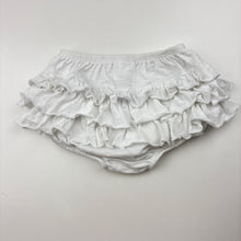 Load image into Gallery viewer, Girls Dymples, white cotton ruffle bloomers / nappy cover, EUC, size 00,  