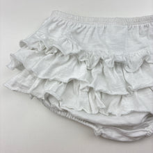 Load image into Gallery viewer, Girls Dymples, white cotton ruffle bloomers / nappy cover, EUC, size 00,  