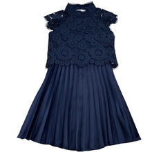 Load image into Gallery viewer, Girls REVIEW, navy floral lace / pleated formal / party dress, GUC, size 6, L: 63cm