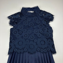 Load image into Gallery viewer, Girls REVIEW, navy floral lace / pleated formal / party dress, GUC, size 6, L: 63cm