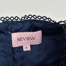 Load image into Gallery viewer, Girls REVIEW, navy floral lace / pleated formal / party dress, GUC, size 6, L: 63cm