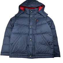 Load image into Gallery viewer, Boys Polo by Ralph Lauren, navy down/feather filled jacket / coat, *wash fade/discolouration on inside cuff ribbing* , GUC, size 12-14,  