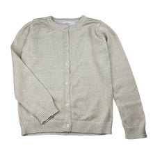 Load image into Gallery viewer, Girls metallic, knit cardigan, no labels, armpit to armpit: 34cm, shoulder to cuff: 45cm, EUC, size 7-8,  