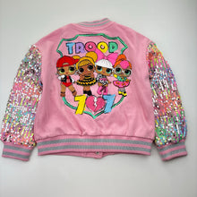 Load image into Gallery viewer, Girls LOL SURPRISE!, fleece lined varsity sweater, sequin sleeves, GUC, size 6,  