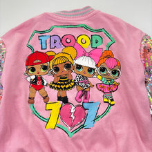 Load image into Gallery viewer, Girls LOL SURPRISE!, fleece lined varsity sweater, sequin sleeves, GUC, size 6,  