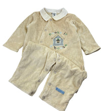 Load image into Gallery viewer, Boys Pumpkin Patch, vintage cotton lined wadded velour romper, discolouration on collar, FUC, size 0,  