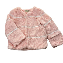 Load image into Gallery viewer, Girls Happy Farm, lined faux fur jacket, 3 hook fasten, armpit to armpit: 31cm, shoulder to cuff: 35cm, FUC, size 4-5,  