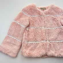 Load image into Gallery viewer, Girls Happy Farm, lined faux fur jacket, 3 hook fasten, armpit to armpit: 31cm, shoulder to cuff: 35cm, FUC, size 4-5,  