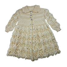 Load image into Gallery viewer, Girls hand made, crocheted/knit cardigan, armpit to armpit: 24.5cm, shoulder to cuff: 24cm,L: 42cm, GUC, size 1,  