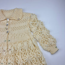 Load image into Gallery viewer, Girls hand made, crocheted/knit cardigan, armpit to armpit: 24.5cm, shoulder to cuff: 24cm,L: 42cm, GUC, size 1,  