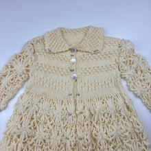 Load image into Gallery viewer, Girls hand made, crocheted/knit cardigan, armpit to armpit: 24.5cm, shoulder to cuff: 24cm,L: 42cm, GUC, size 1,  