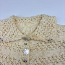 Load image into Gallery viewer, Girls hand made, crocheted/knit cardigan, armpit to armpit: 24.5cm, shoulder to cuff: 24cm,L: 42cm, GUC, size 1,  