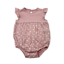 Load image into Gallery viewer, Girls George Clothing, pink cotton knit romper with ruffle sleeves, floral print, EUC, size 00,  