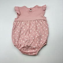 Load image into Gallery viewer, Girls George Clothing, pink cotton knit romper with ruffle sleeves, floral print, EUC, size 00,  